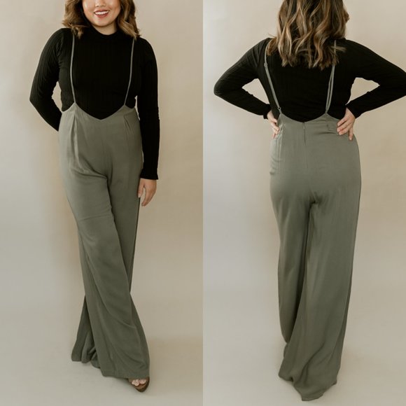 Lucca Couture Pants - Lucca Couture Olive Green Sleeveless Wide Bell Bottom Leg Overall Jumpsuit